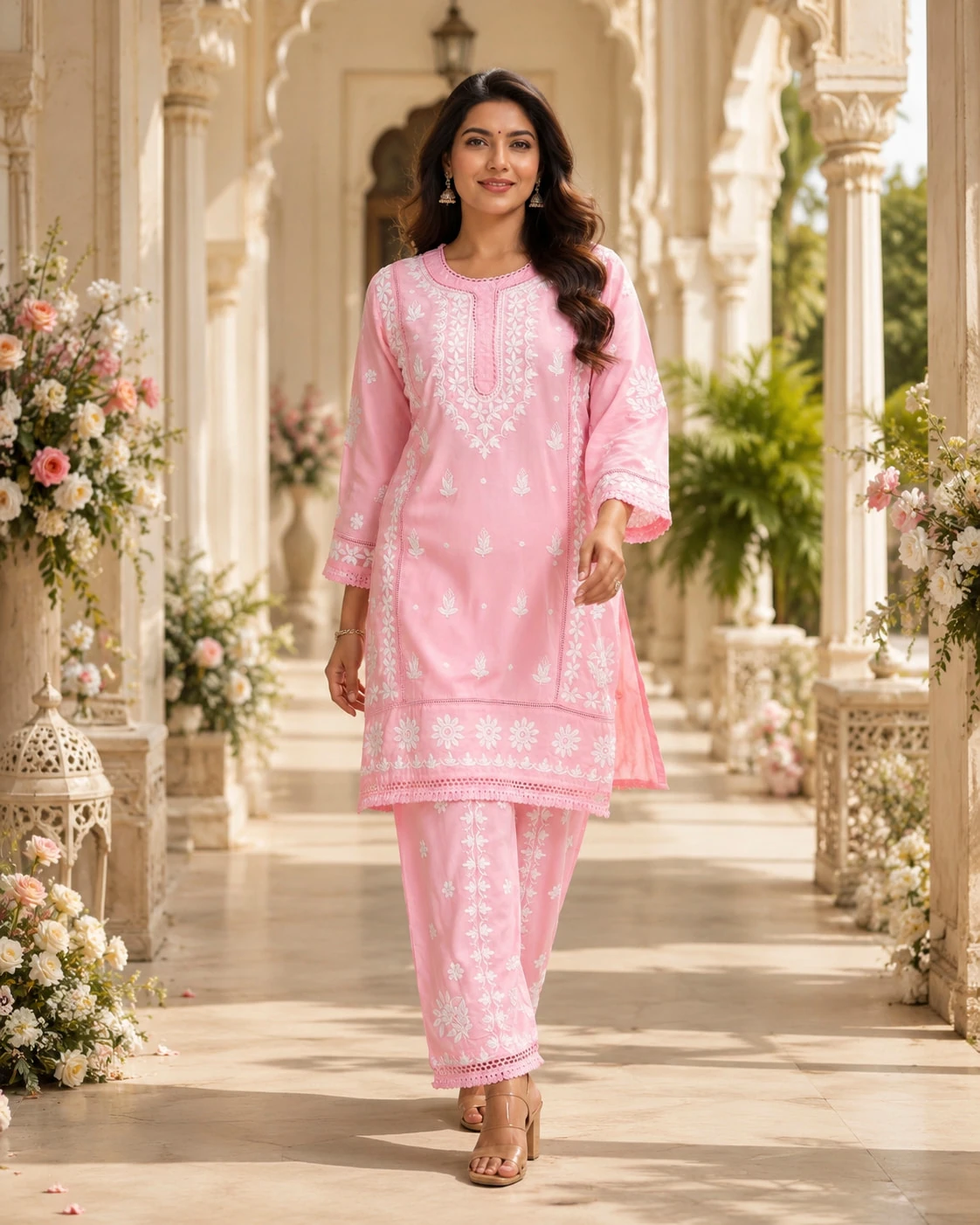 Baby Pink Hand Chikankari Pure Rayon Kurta Pant Set