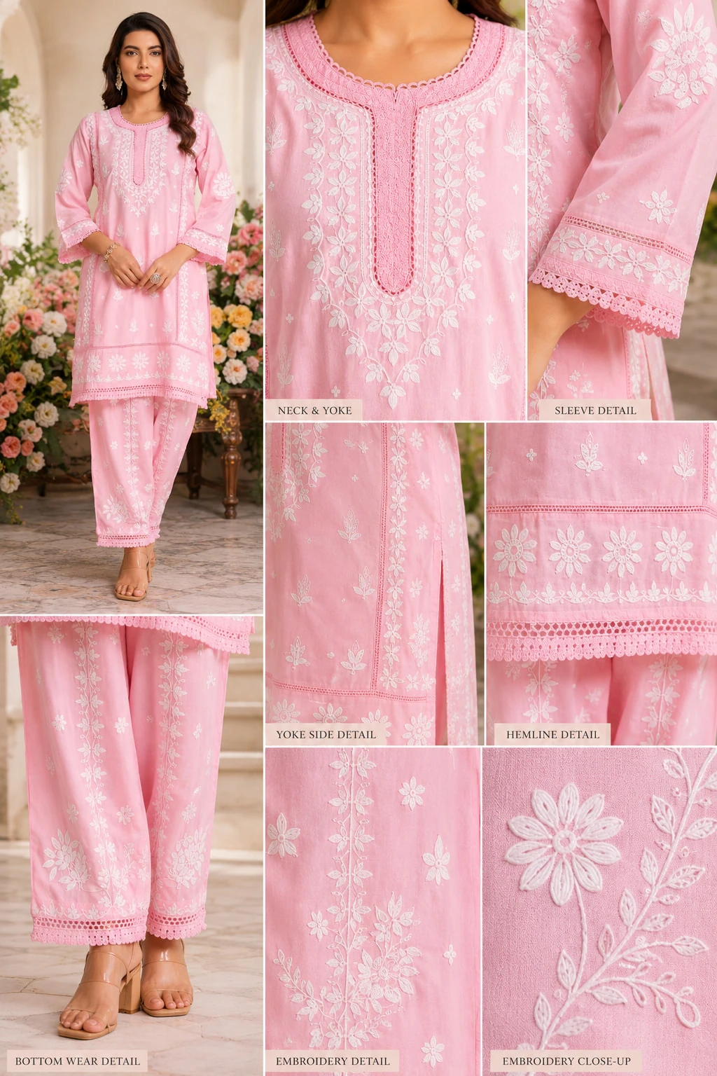 Baby Pink Hand Chikankari Pure Rayon Kurta Pant Set — view 2