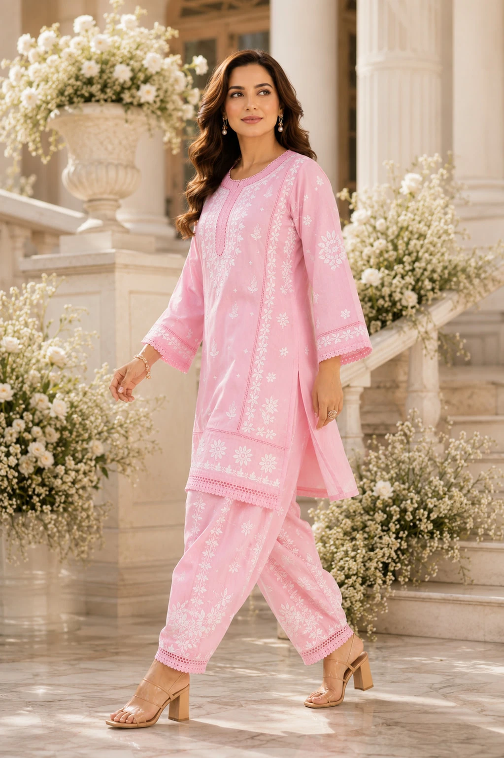 Baby Pink Hand Chikankari Pure Rayon Kurta Pant Set — view 3