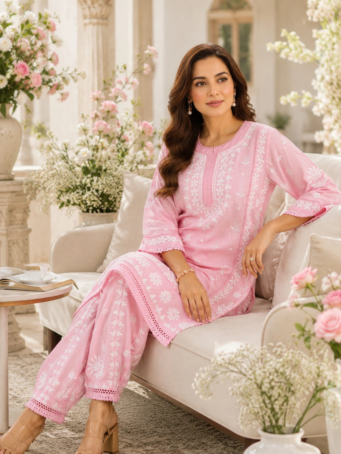 Baby Pink Hand Chikankari Pure Rayon Kurta Pant Set — view 5