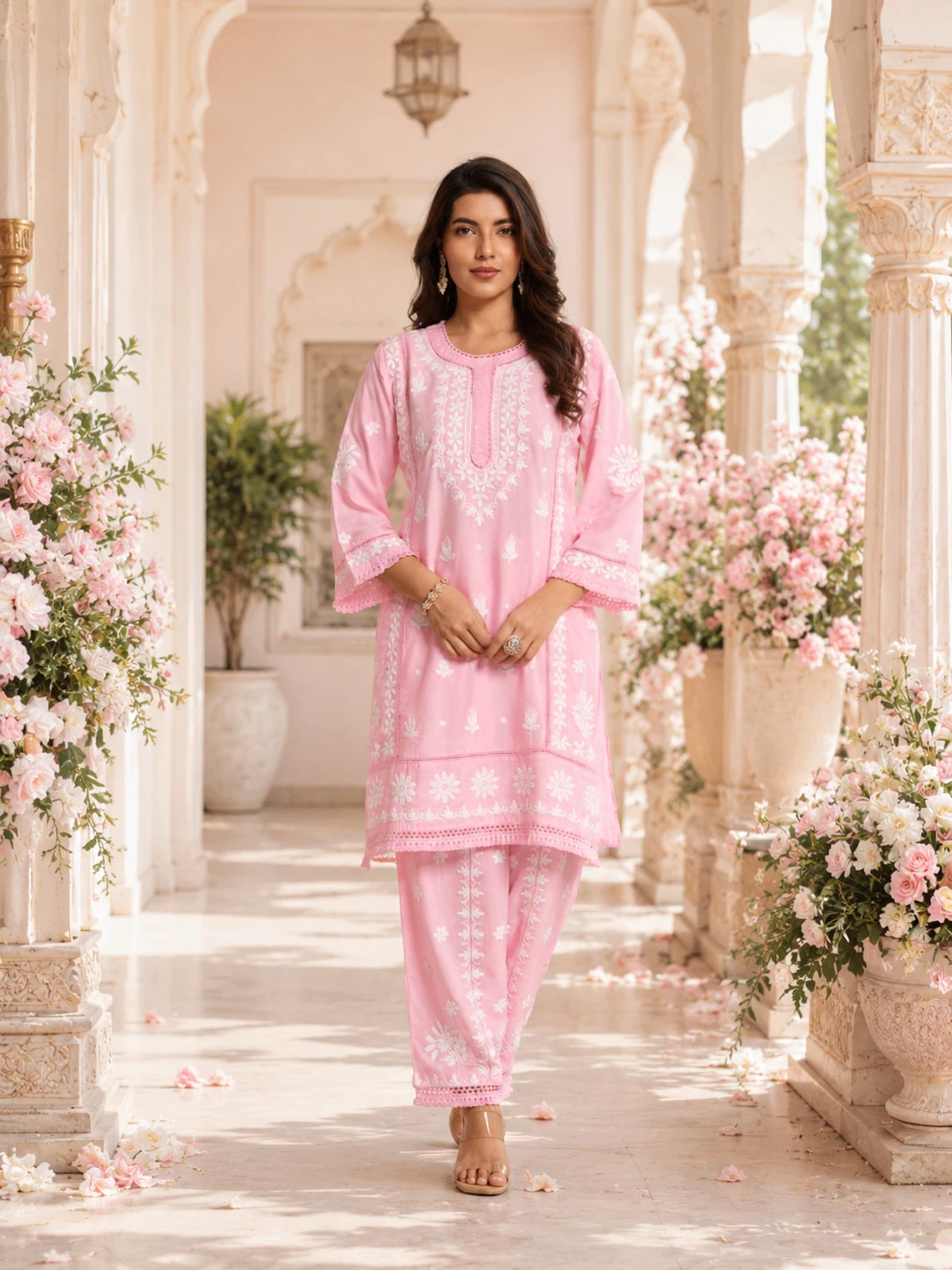 Baby Pink Hand Chikankari Pure Rayon Kurta Pant Set — view 6