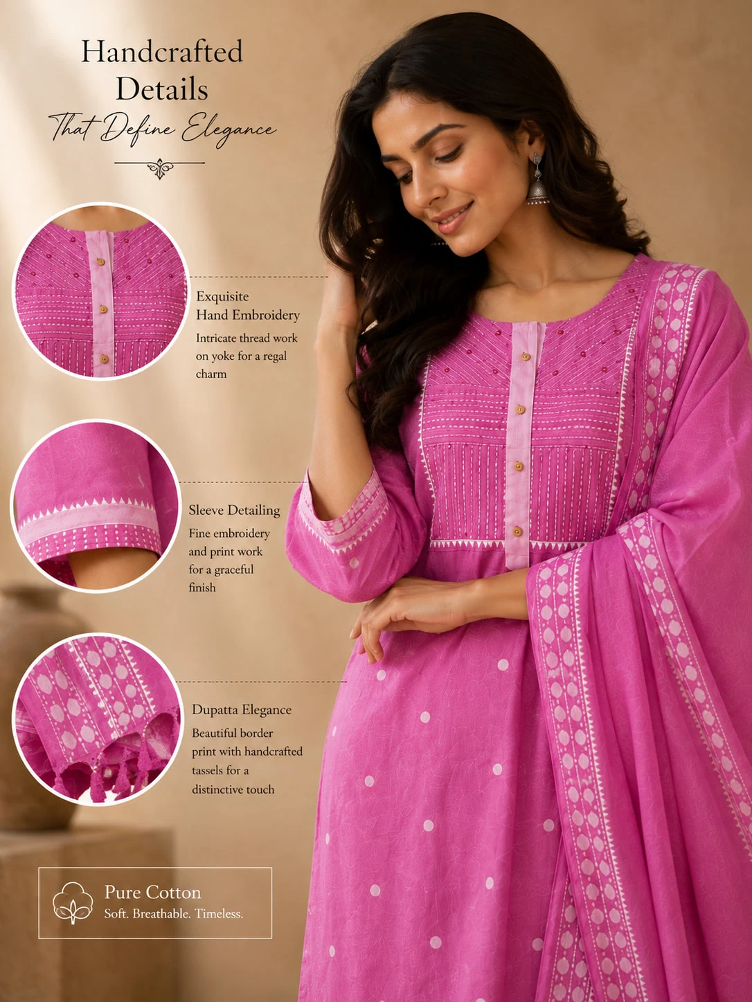 Women Pink Pure Cotton Embroidered Kurta Set — view 3