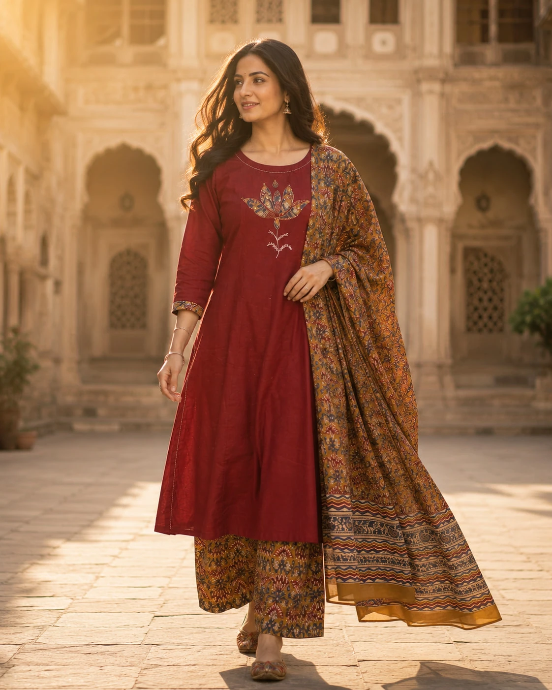 Maroon Applique Pure Cotton A-Line Kurta Set with Palazzo & Dupatta