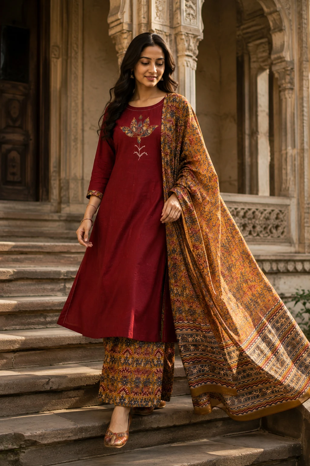 Maroon Applique Pure Cotton A-Line Kurta Set with Palazzo & Dupatta — view 2