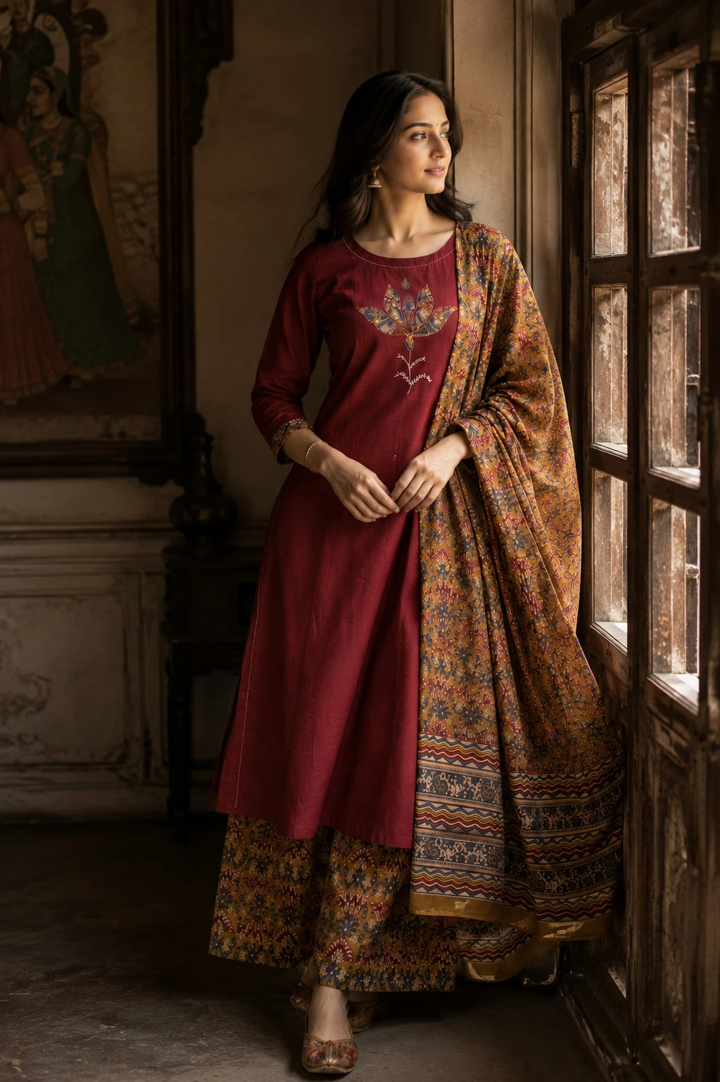 Maroon Applique Pure Cotton A-Line Kurta Set with Palazzo & Dupatta — view 3