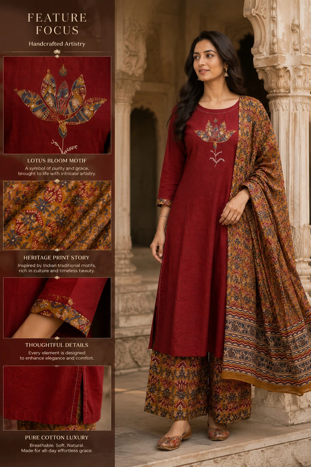 Maroon Applique Pure Cotton A-Line Kurta Set with Palazzo & Dupatta — view 4