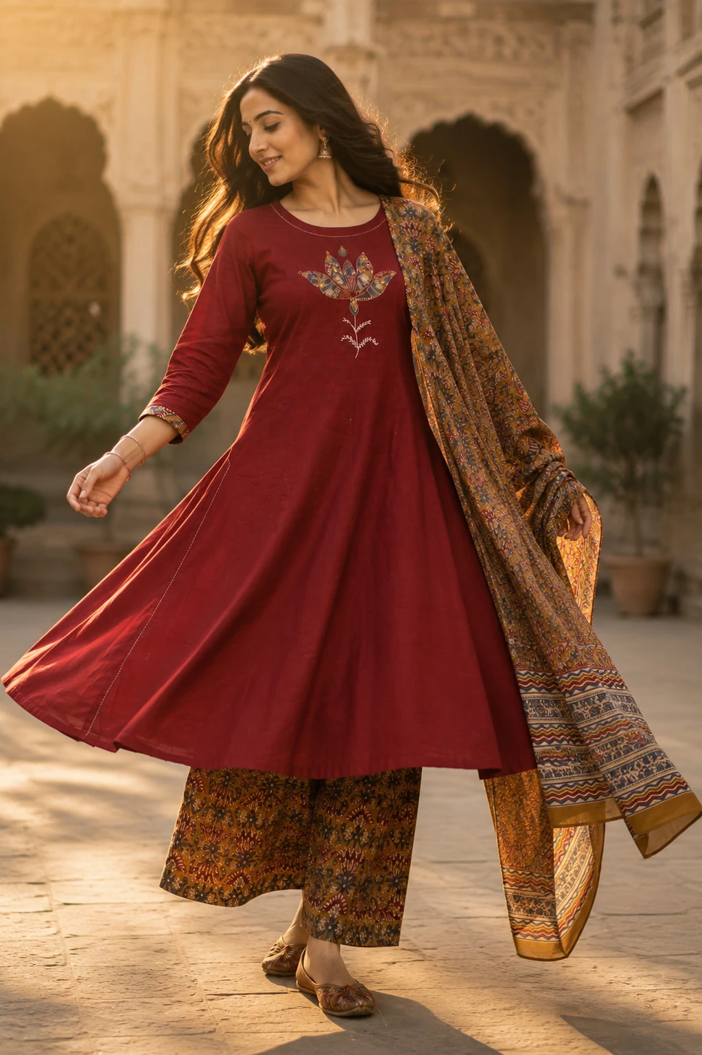 Maroon Applique Pure Cotton A-Line Kurta Set with Palazzo & Dupatta — view 5