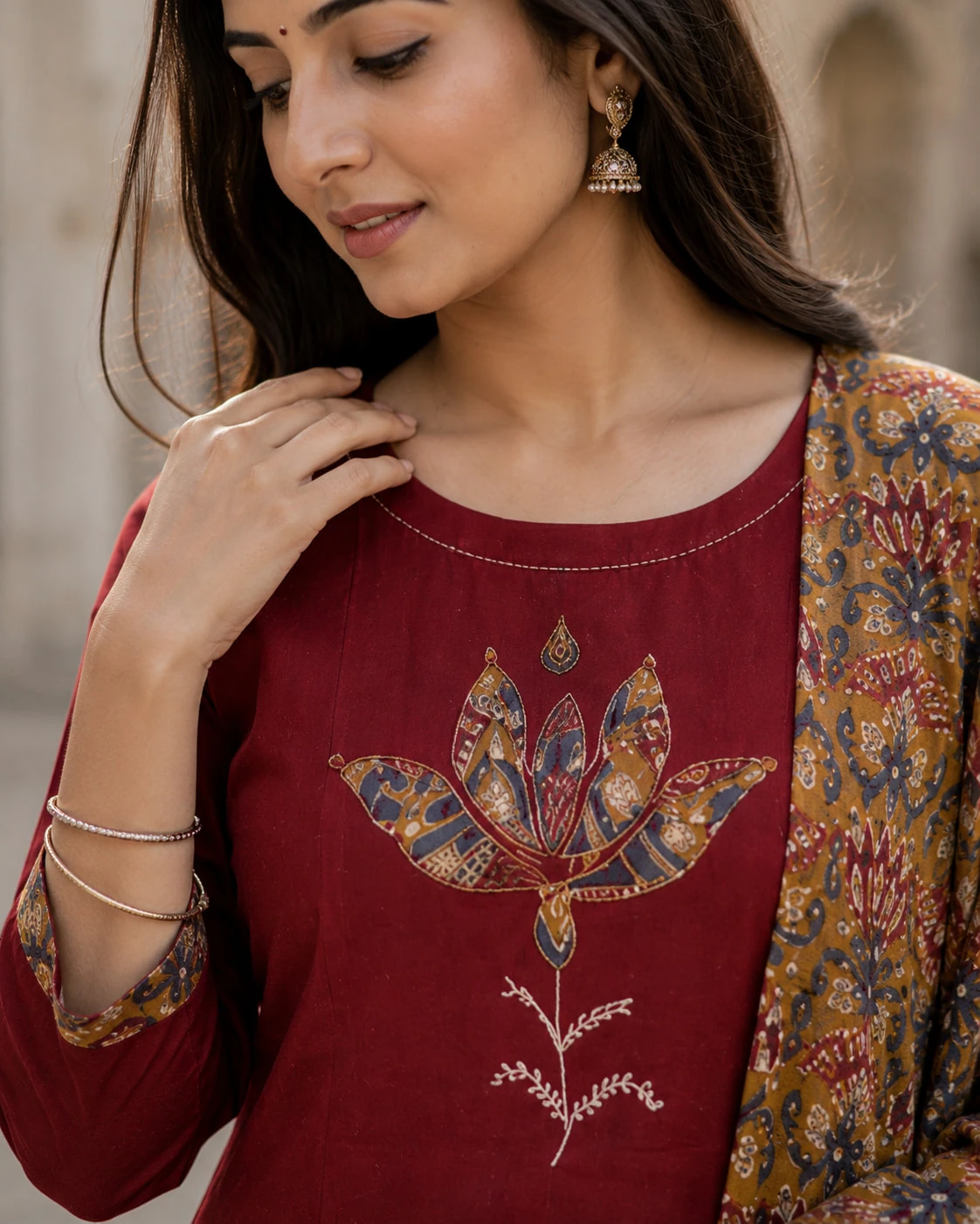 Maroon Applique Pure Cotton A-Line Kurta Set with Palazzo & Dupatta — view 6