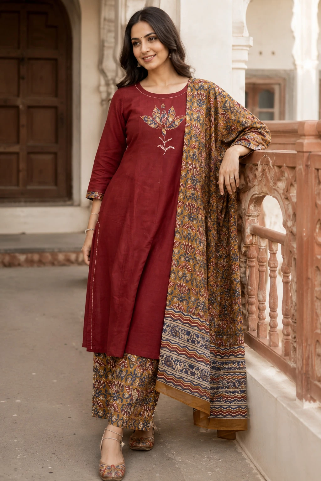 Maroon Applique Pure Cotton A-Line Kurta Set with Palazzo & Dupatta — view 7