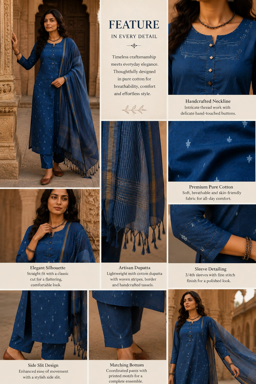 Blue Mirror Work Pure Cotton Kurta Set with Pants & Dupatta — view 2