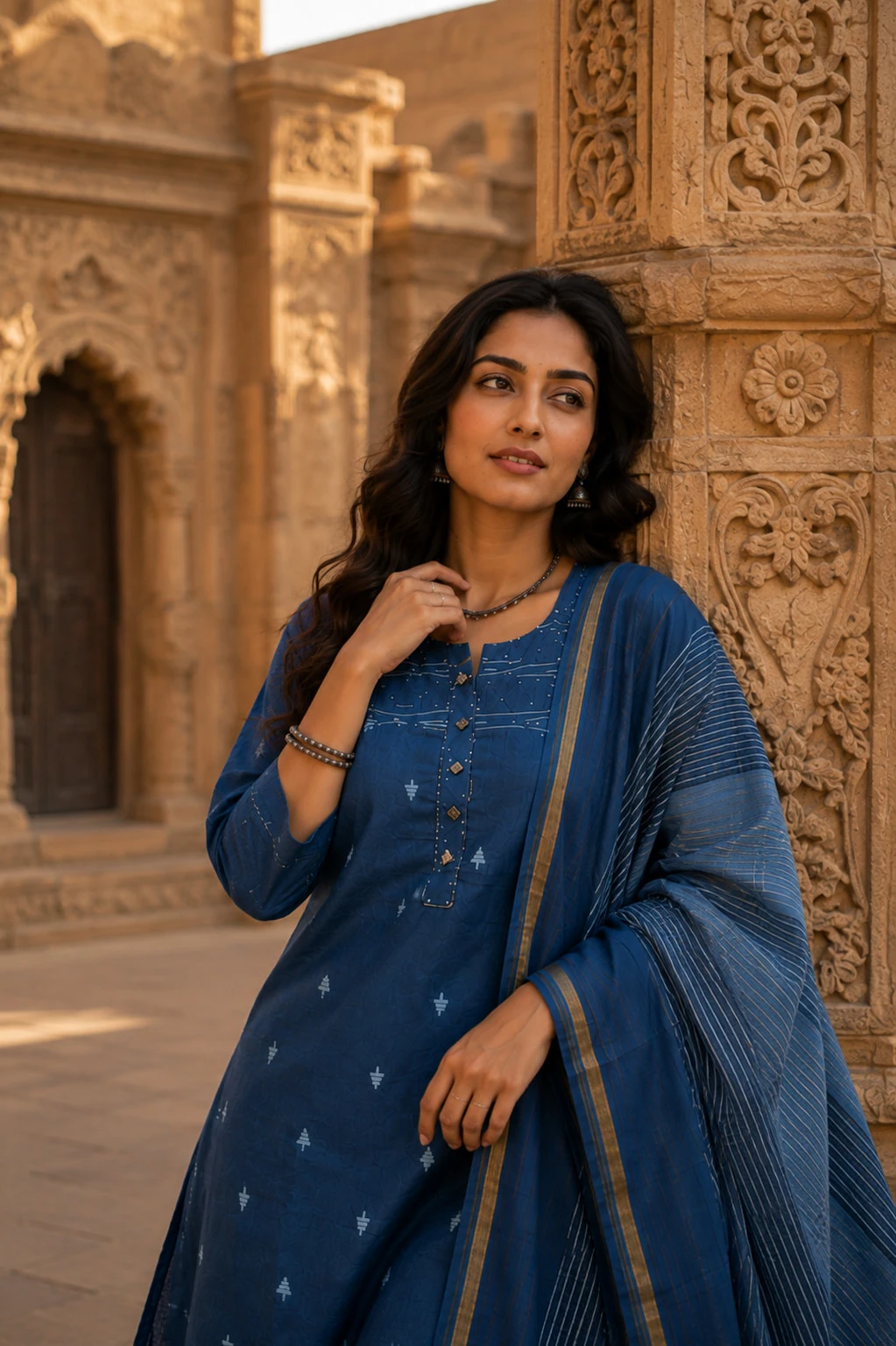 Blue Mirror Work Pure Cotton Kurta Set with Pants & Dupatta — view 3