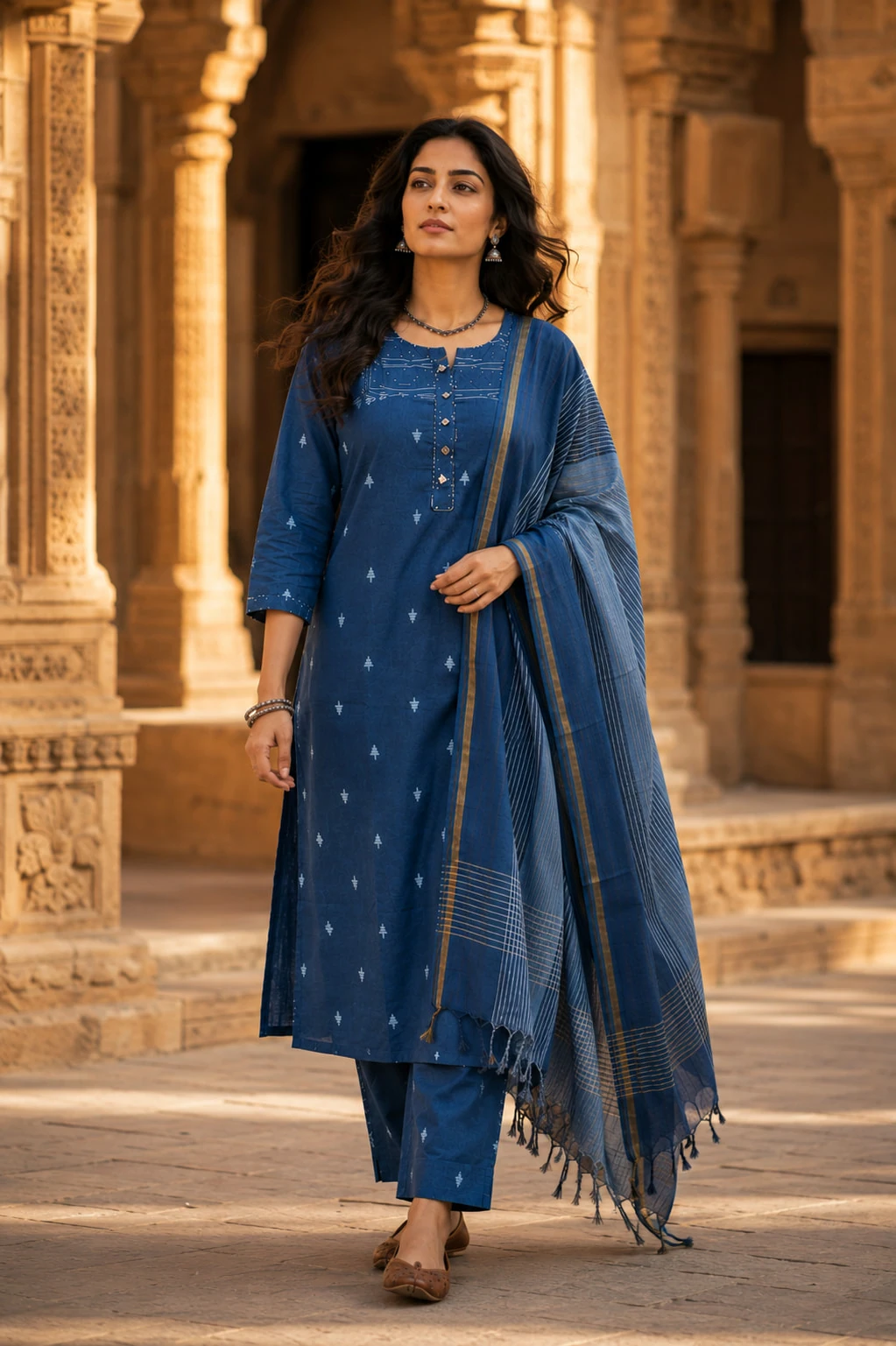 Blue Mirror Work Pure Cotton Kurta Set with Pants & Dupatta — view 4