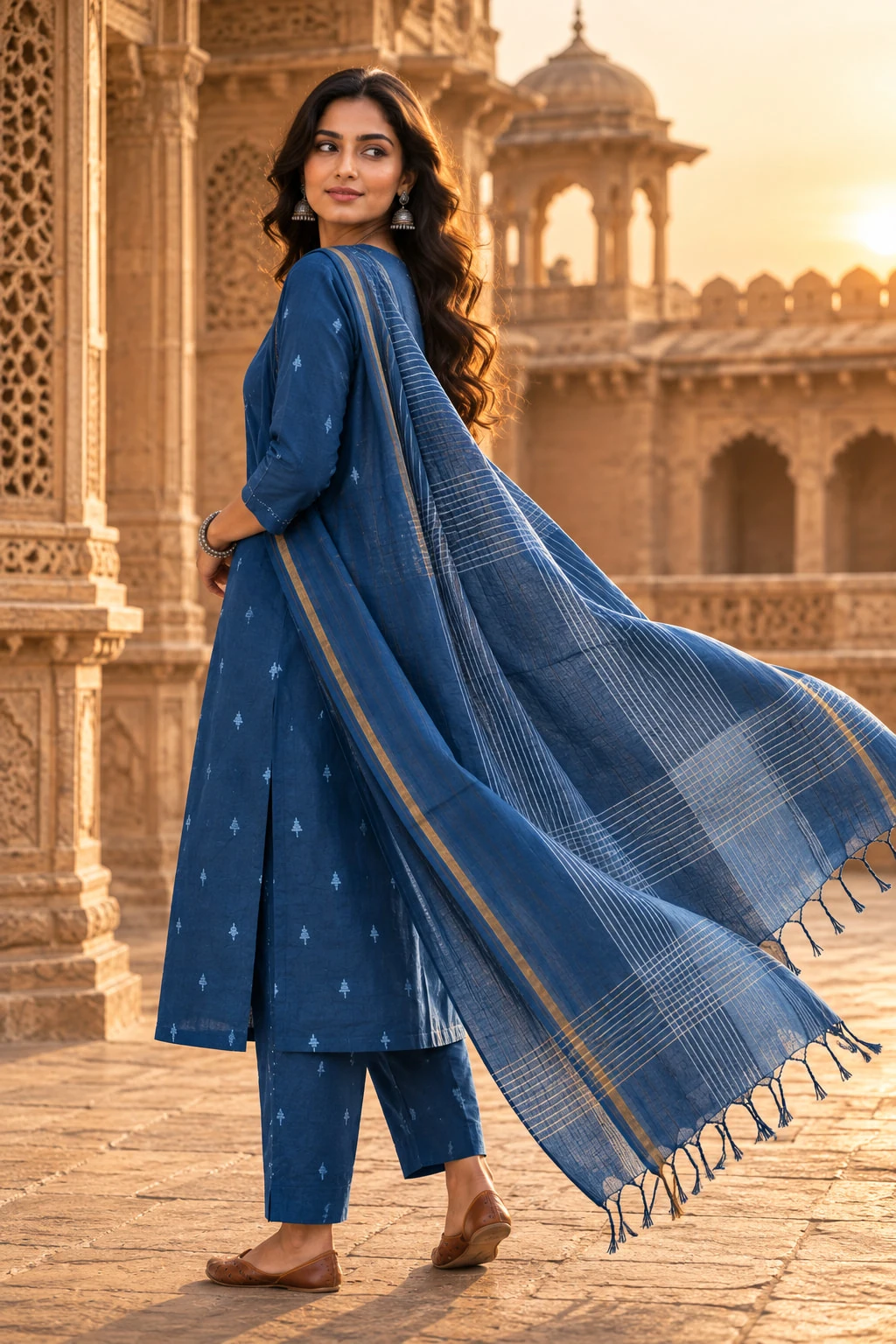 Blue Mirror Work Pure Cotton Kurta Set with Pants & Dupatta — view 5