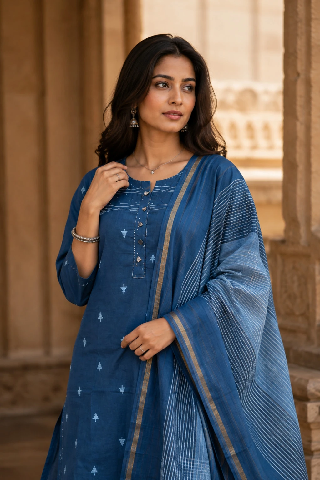 Blue Mirror Work Pure Cotton Kurta Set with Pants & Dupatta — view 6