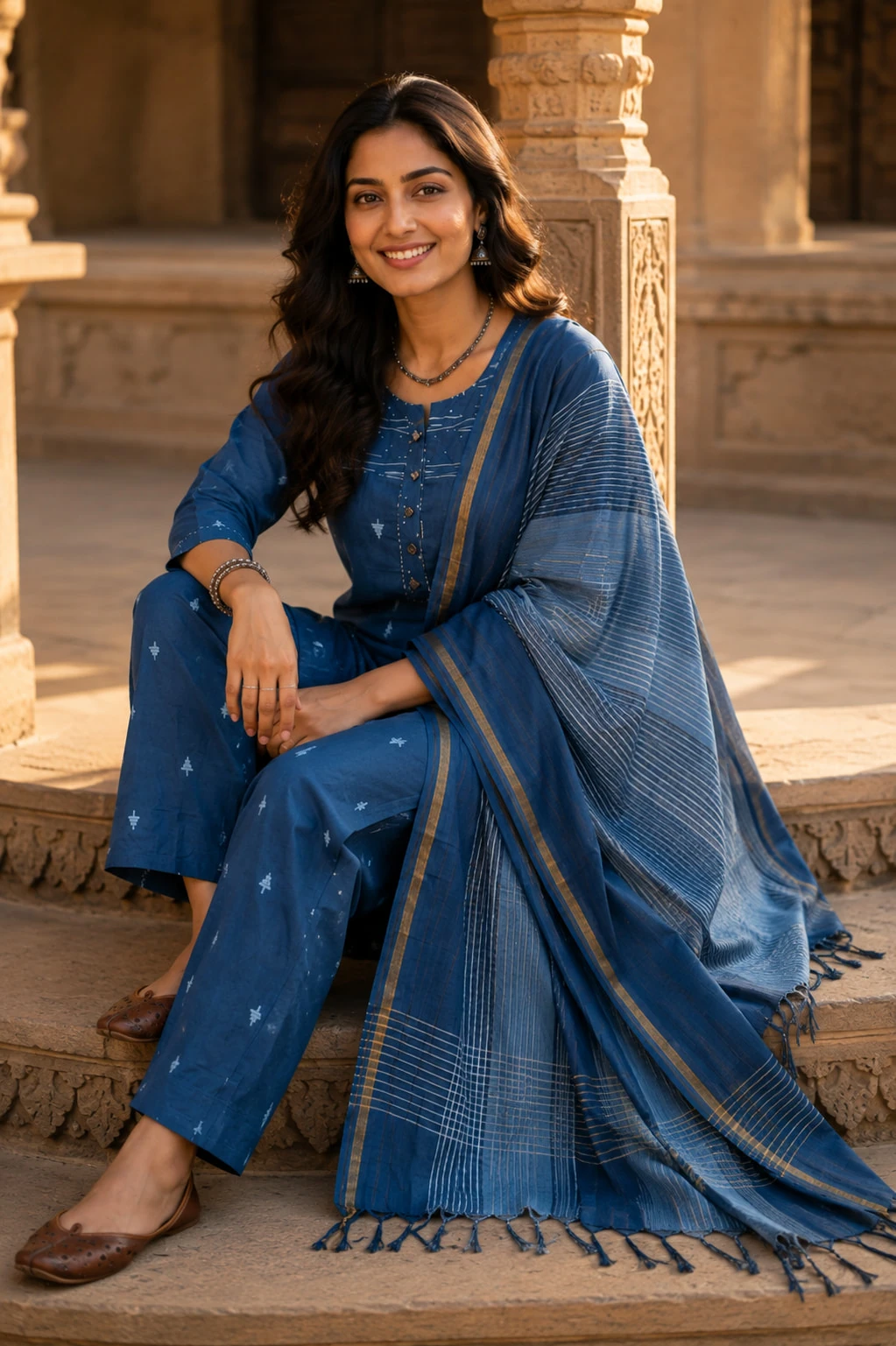 Blue Mirror Work Pure Cotton Kurta Set with Pants & Dupatta — view 7