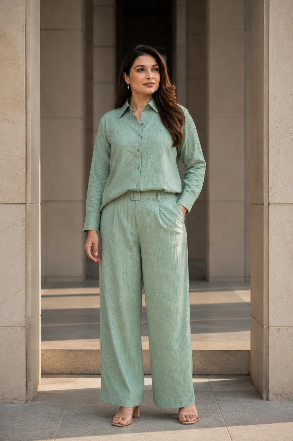 Sage Green Textured Co-Ord Set with Shirt & Wide-Leg Pants — view 3