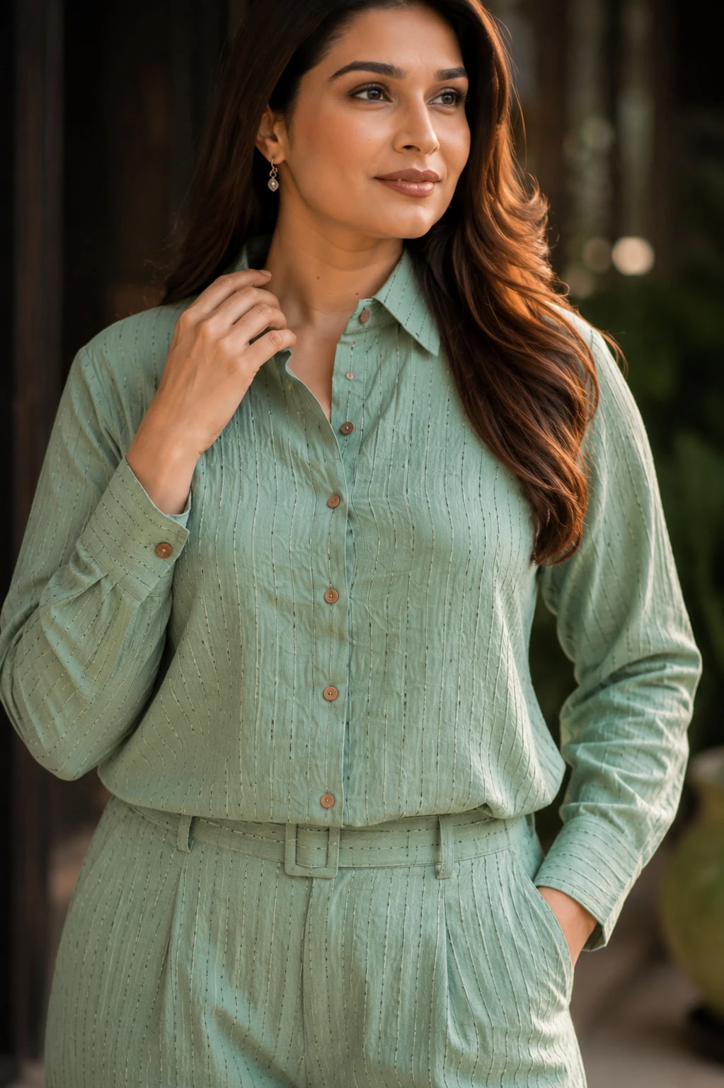 Sage Green Textured Co-Ord Set with Shirt & Wide-Leg Pants — view 4