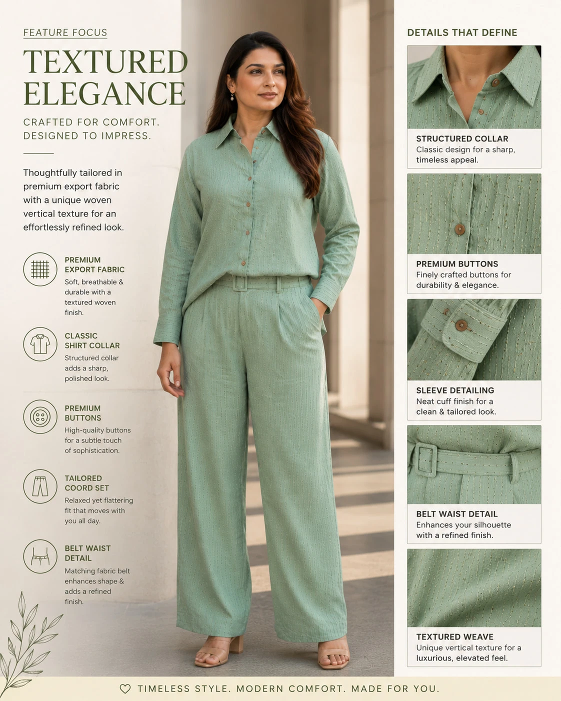 Sage Green Textured Co-Ord Set with Shirt & Wide-Leg Pants — view 5