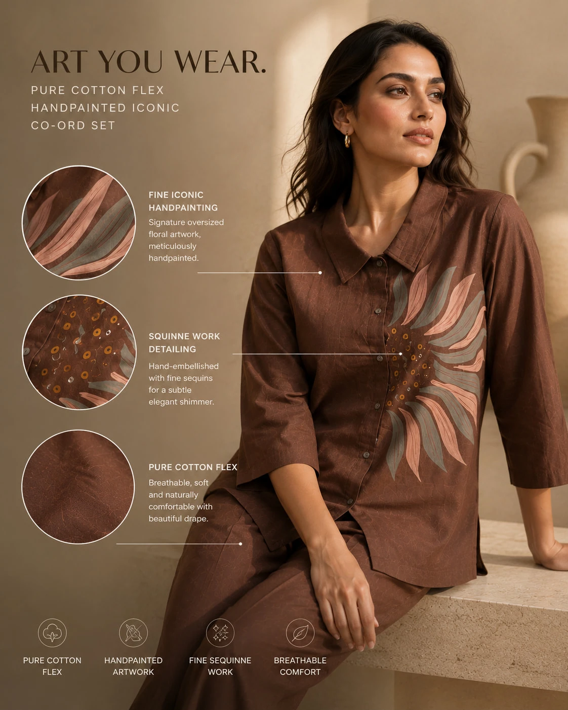 Brown Handpainted Floral Pure Cotton Flex Co-Ord Set — view 2
