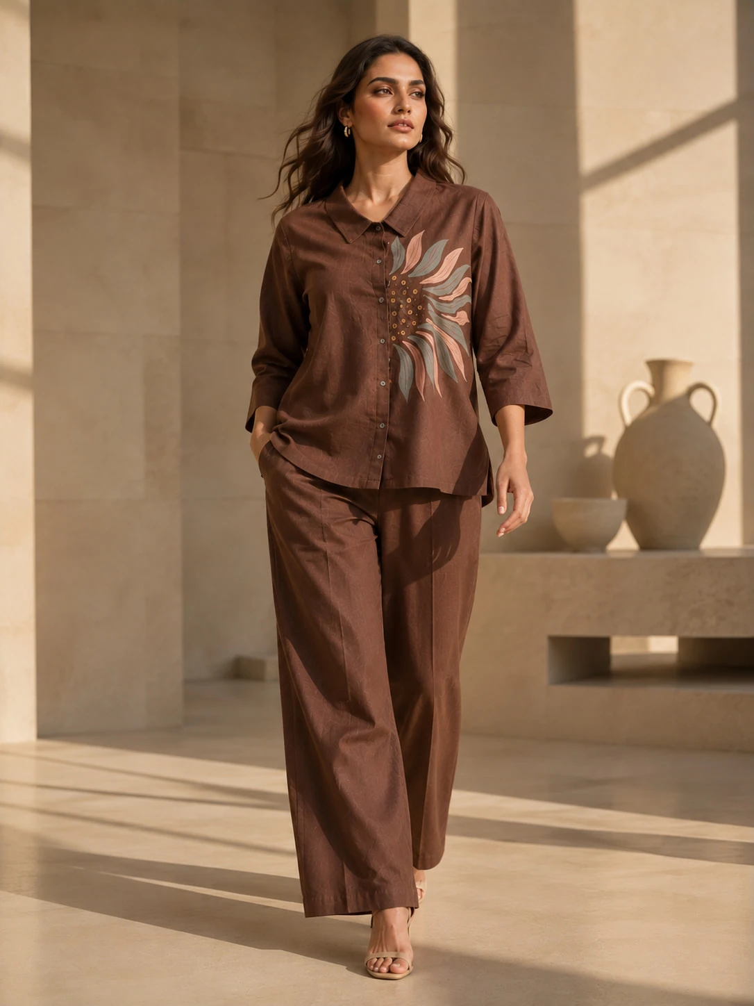 Brown Handpainted Floral Pure Cotton Flex Co-Ord Set — view 4