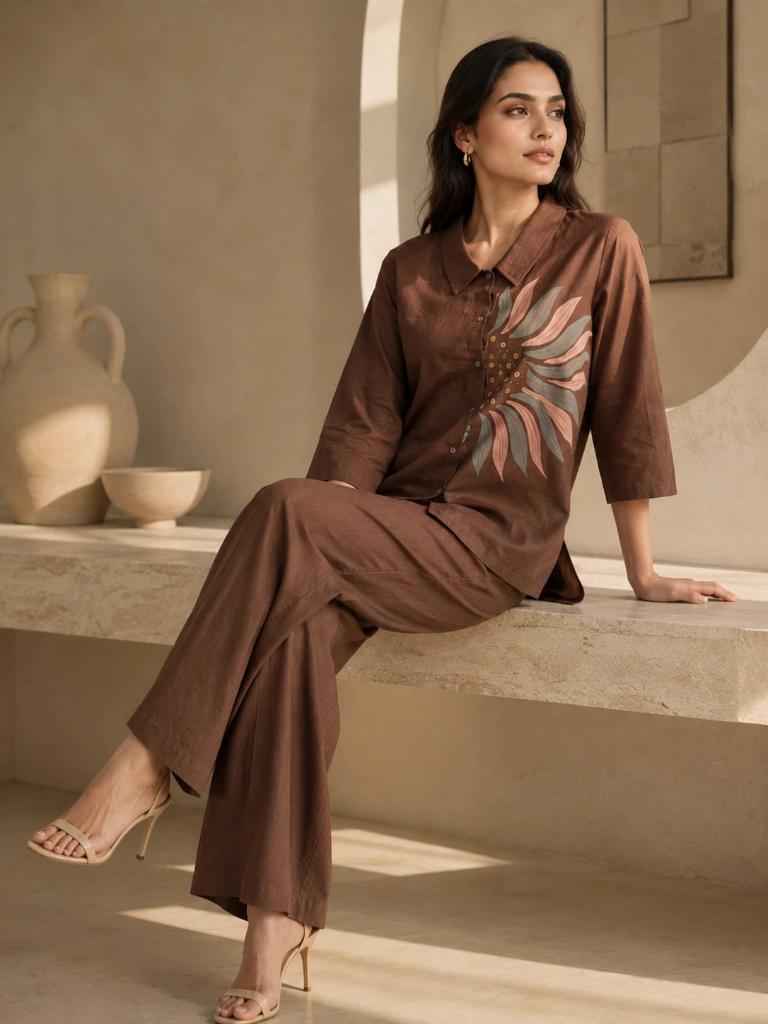 Brown Handpainted Floral Pure Cotton Flex Co-Ord Set — view 5