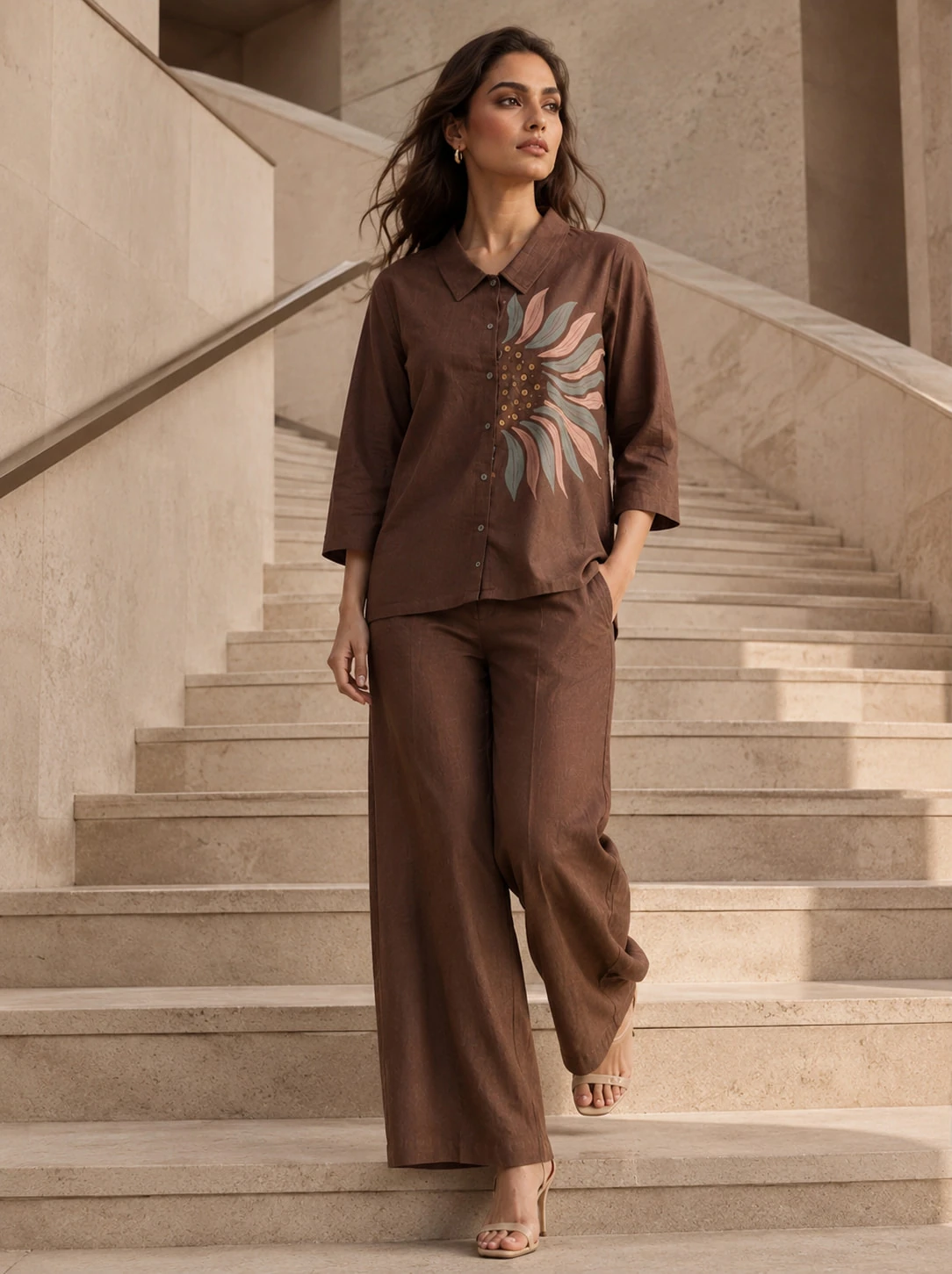Brown Handpainted Floral Pure Cotton Flex Co-Ord Set — view 6