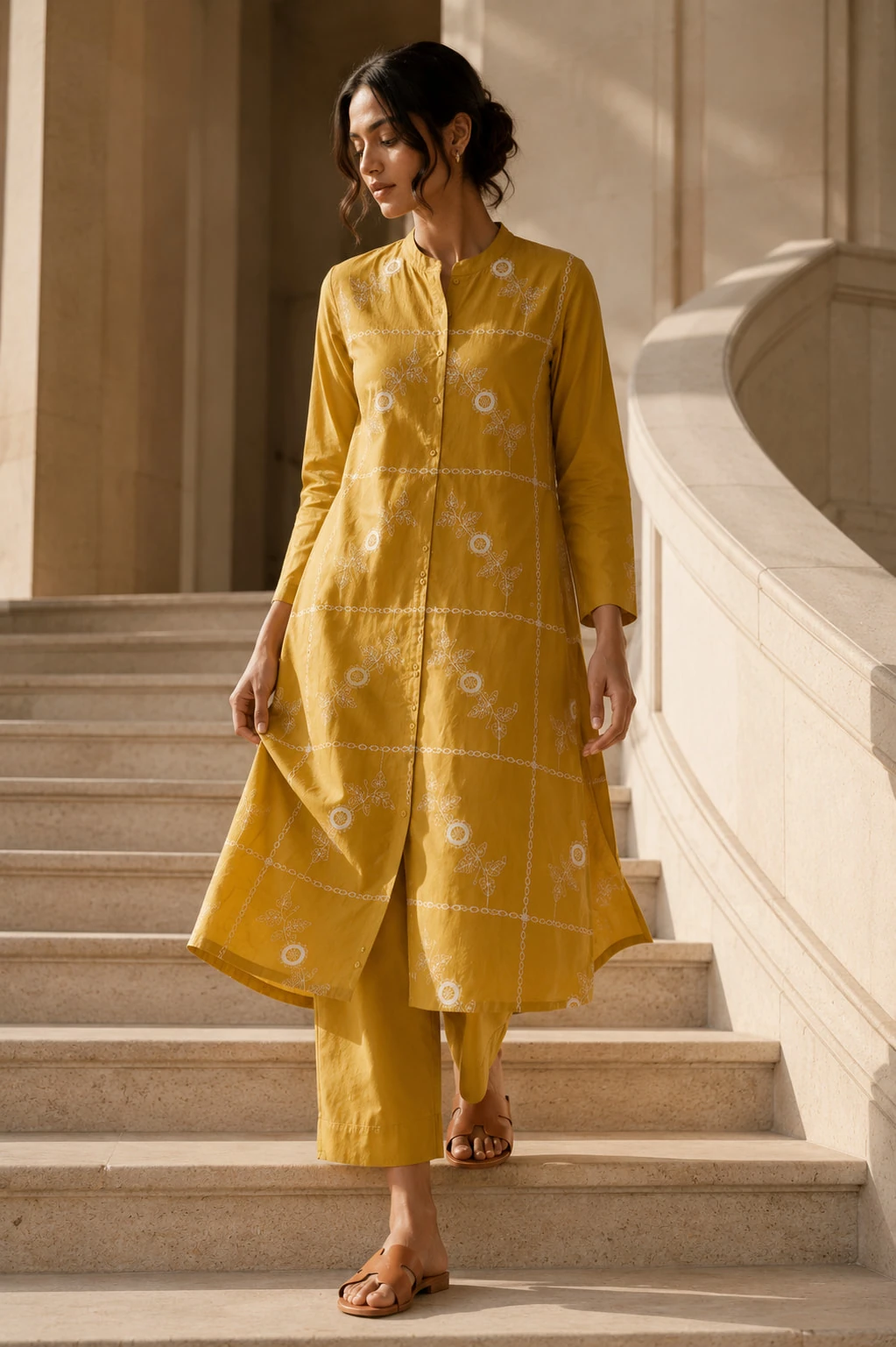 Mustard Yellow Embroidered Pure Cotton Kurta Pant Set