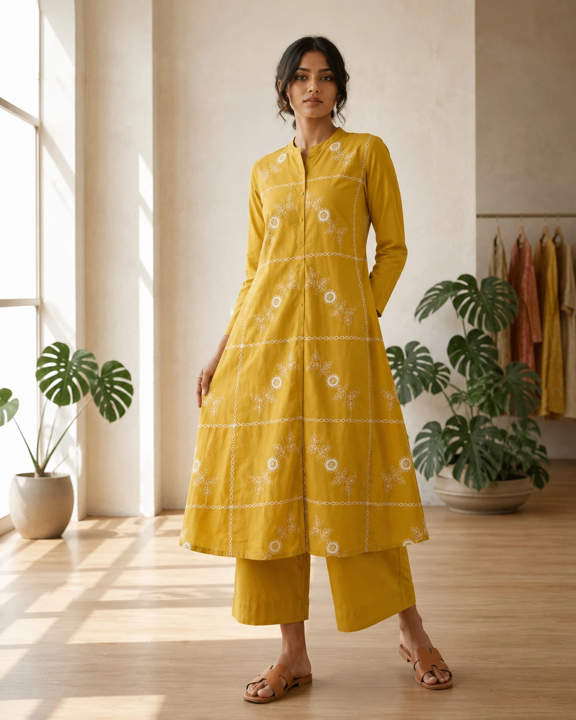Mustard Yellow Embroidered Pure Cotton Kurta Pant Set — view 2