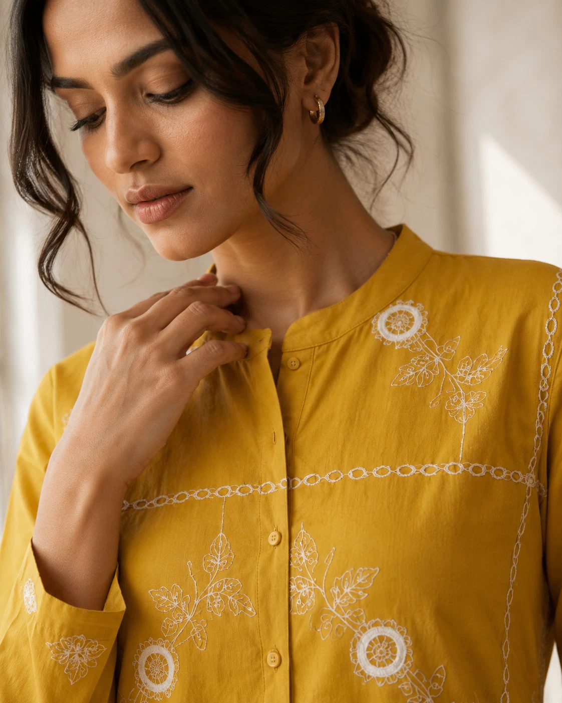 Mustard Yellow Embroidered Pure Cotton Kurta Pant Set — view 3