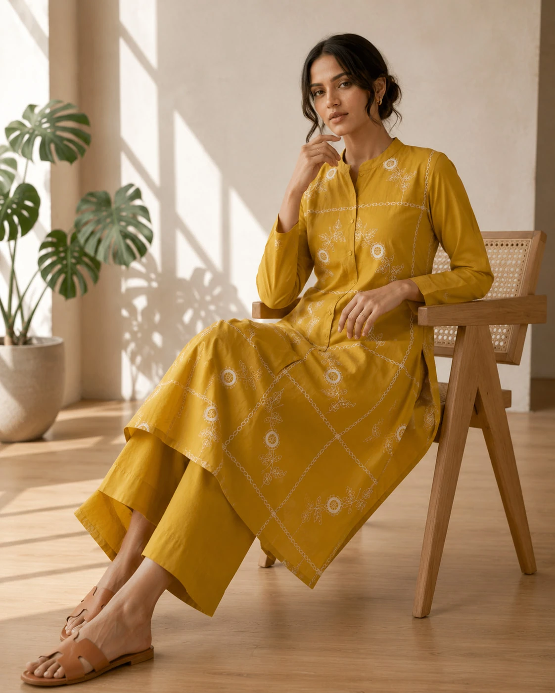 Mustard Yellow Embroidered Pure Cotton Kurta Pant Set — view 4