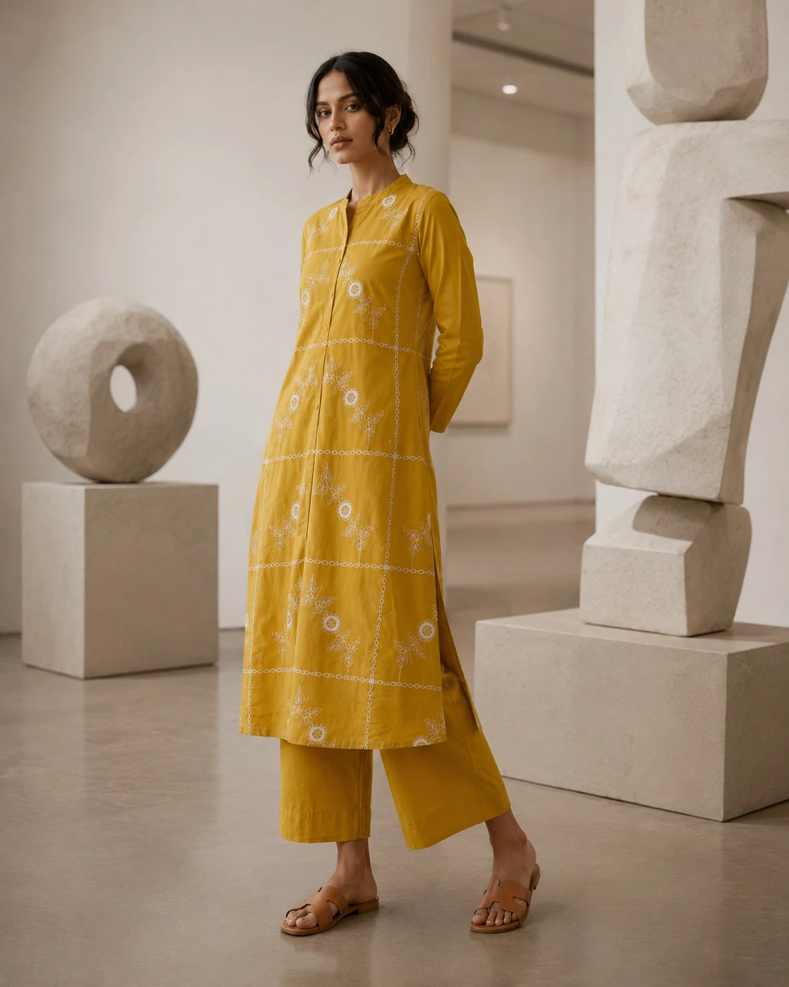 Mustard Yellow Embroidered Pure Cotton Kurta Pant Set — view 5