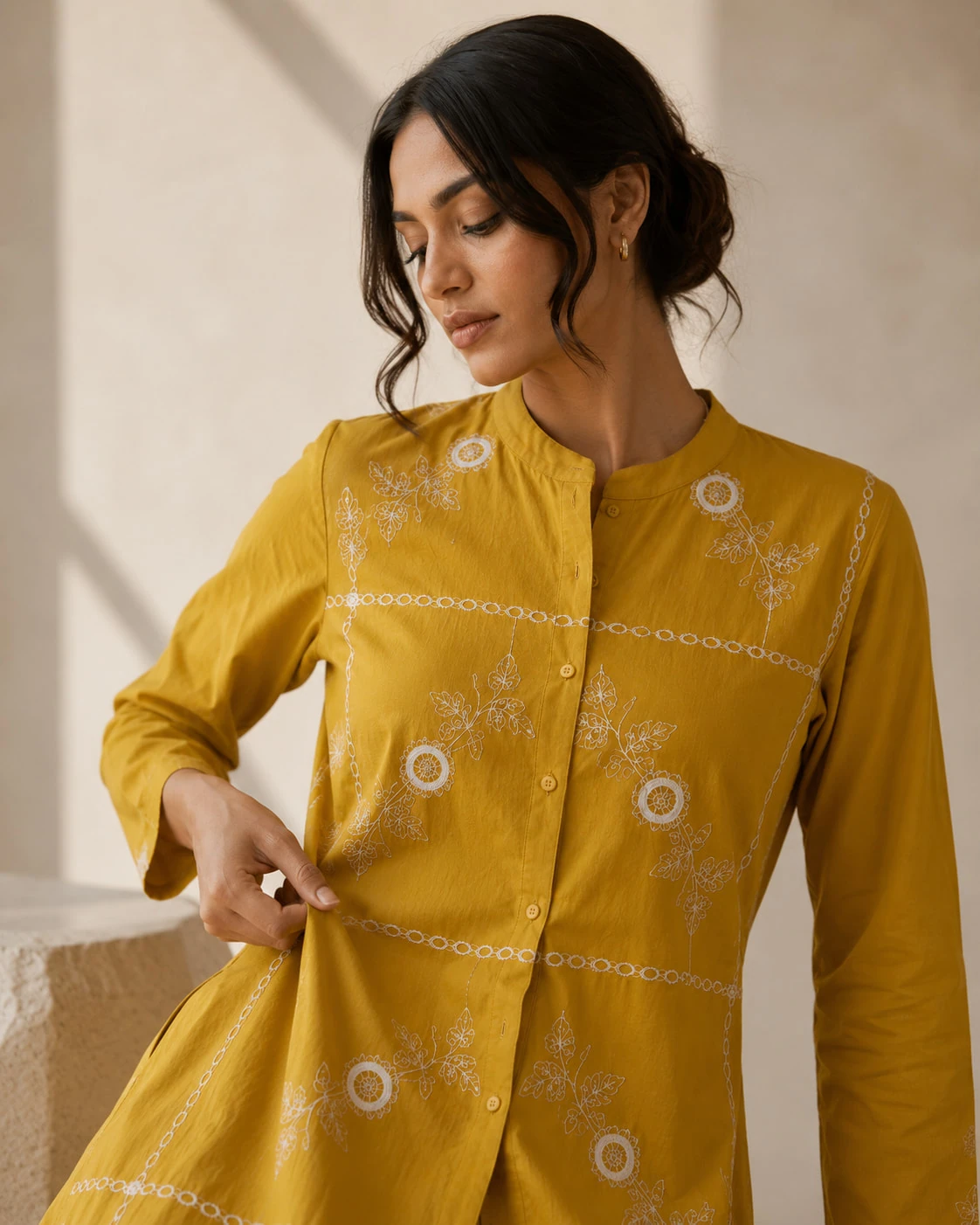 Mustard Yellow Embroidered Pure Cotton Kurta Pant Set — view 6