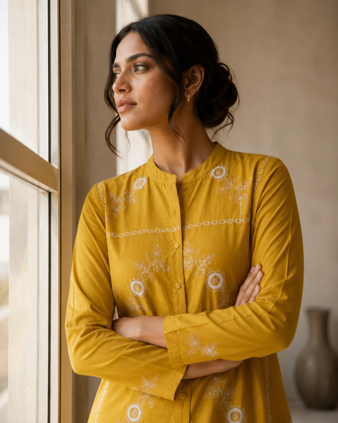 Mustard Yellow Embroidered Pure Cotton Kurta Pant Set — view 7