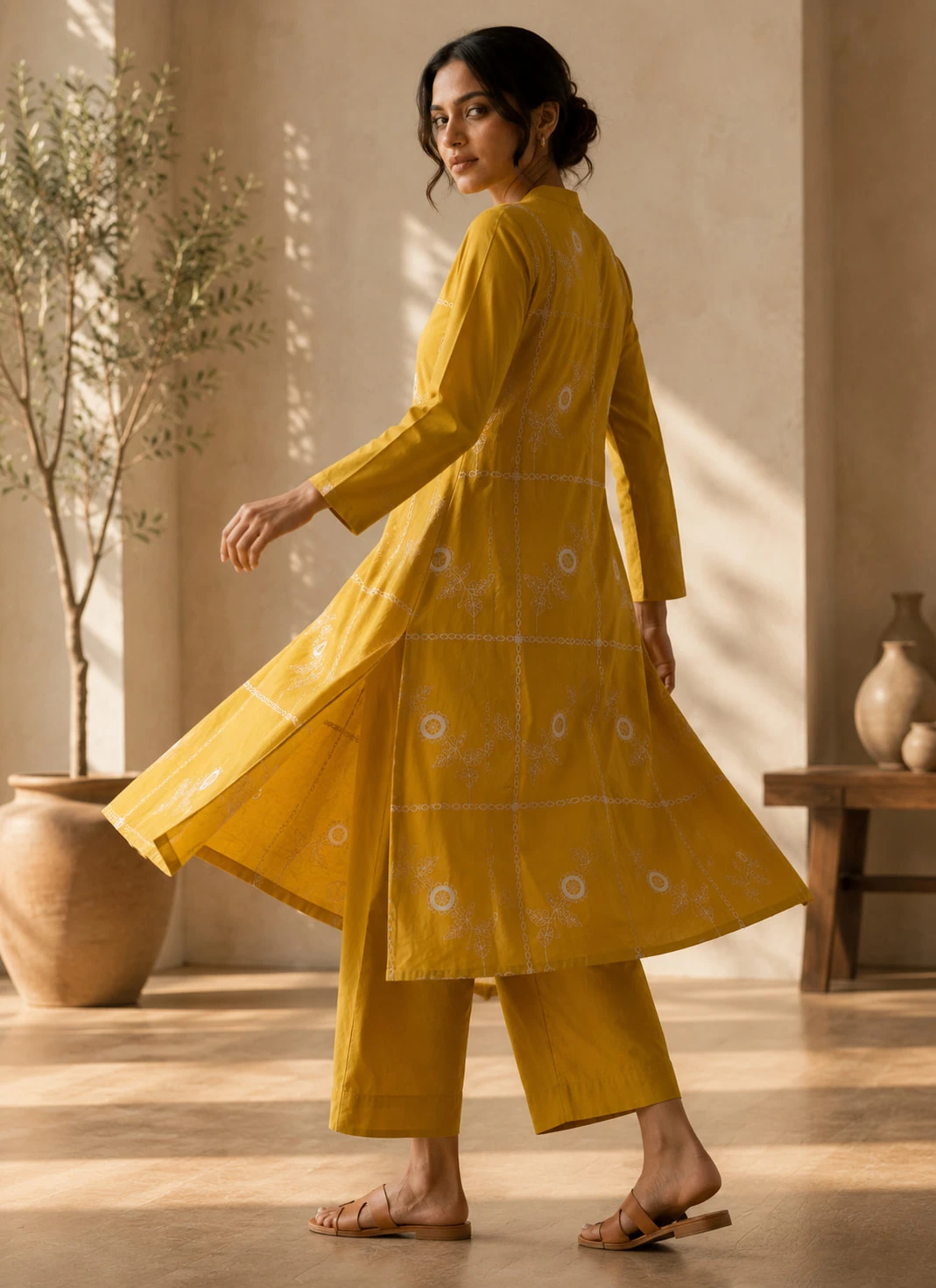 Mustard Yellow Embroidered Pure Cotton Kurta Pant Set — view 8