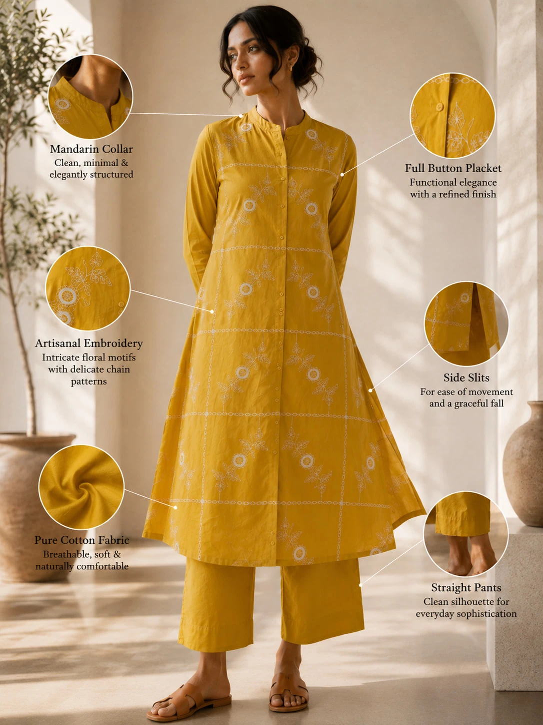 Mustard Yellow Embroidered Pure Cotton Kurta Pant Set — view 9