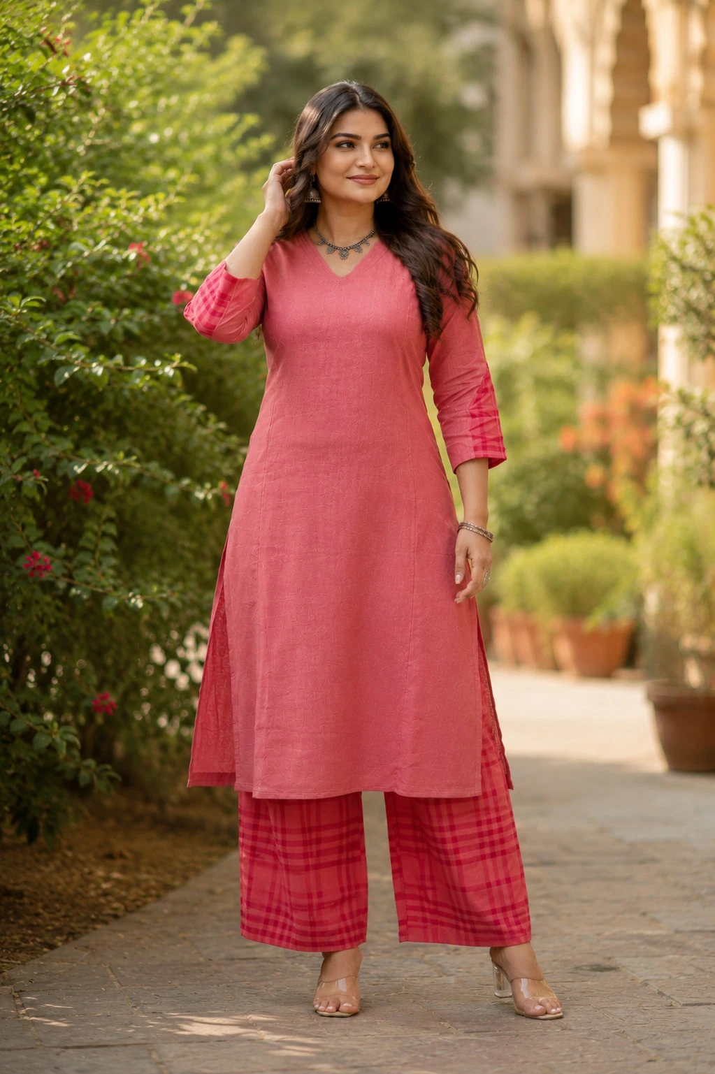 Coral Pink Pure Linen Kurta Palazzo Set — view 3