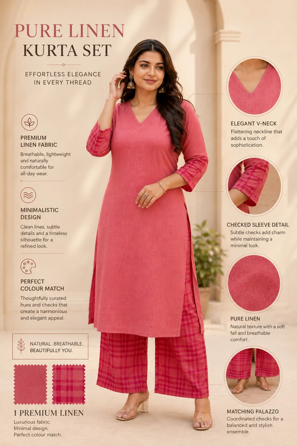 Coral Pink Pure Linen Kurta Palazzo Set — view 5