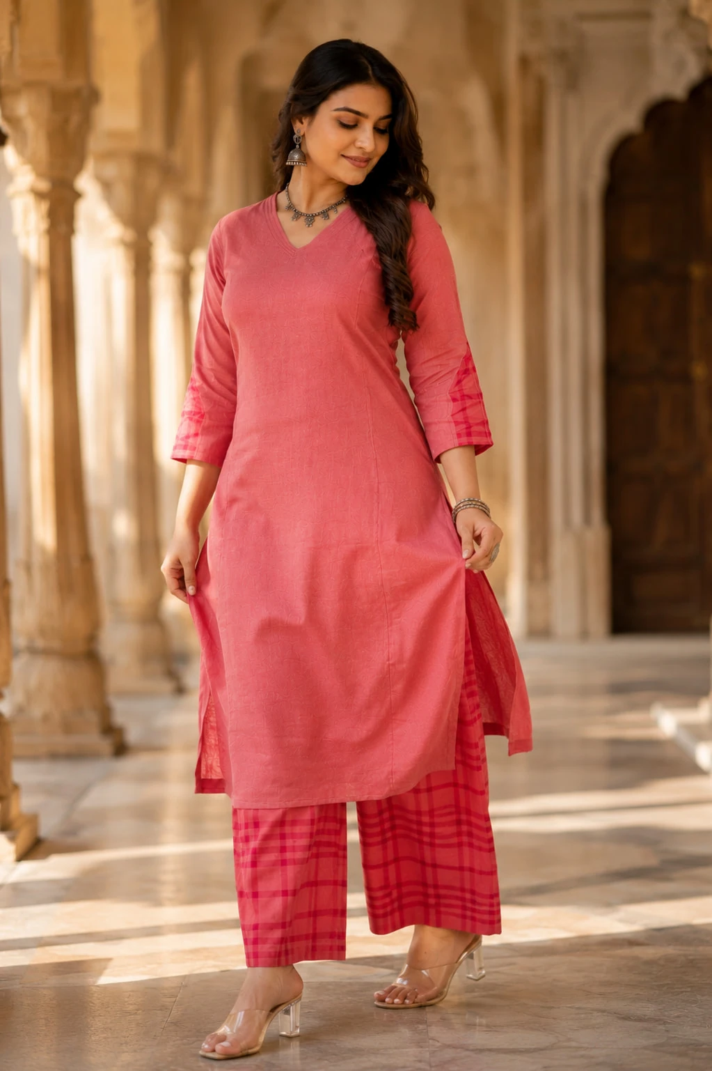 Coral Pink Pure Linen Kurta Palazzo Set