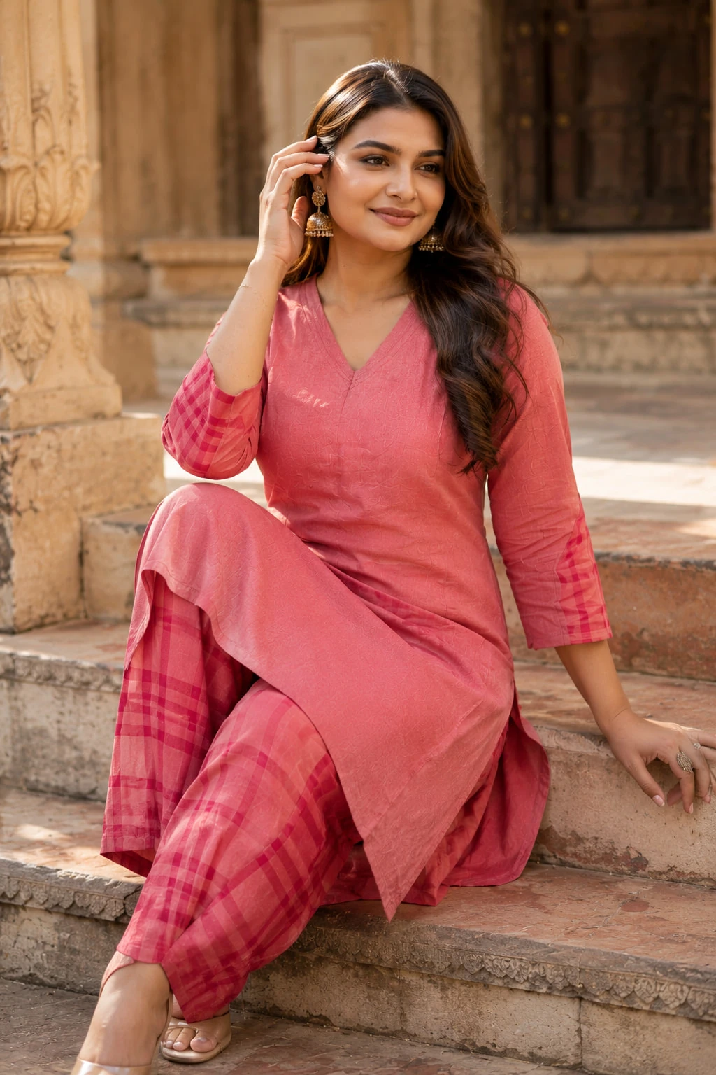 Coral Pink Pure Linen Kurta Palazzo Set — view 7