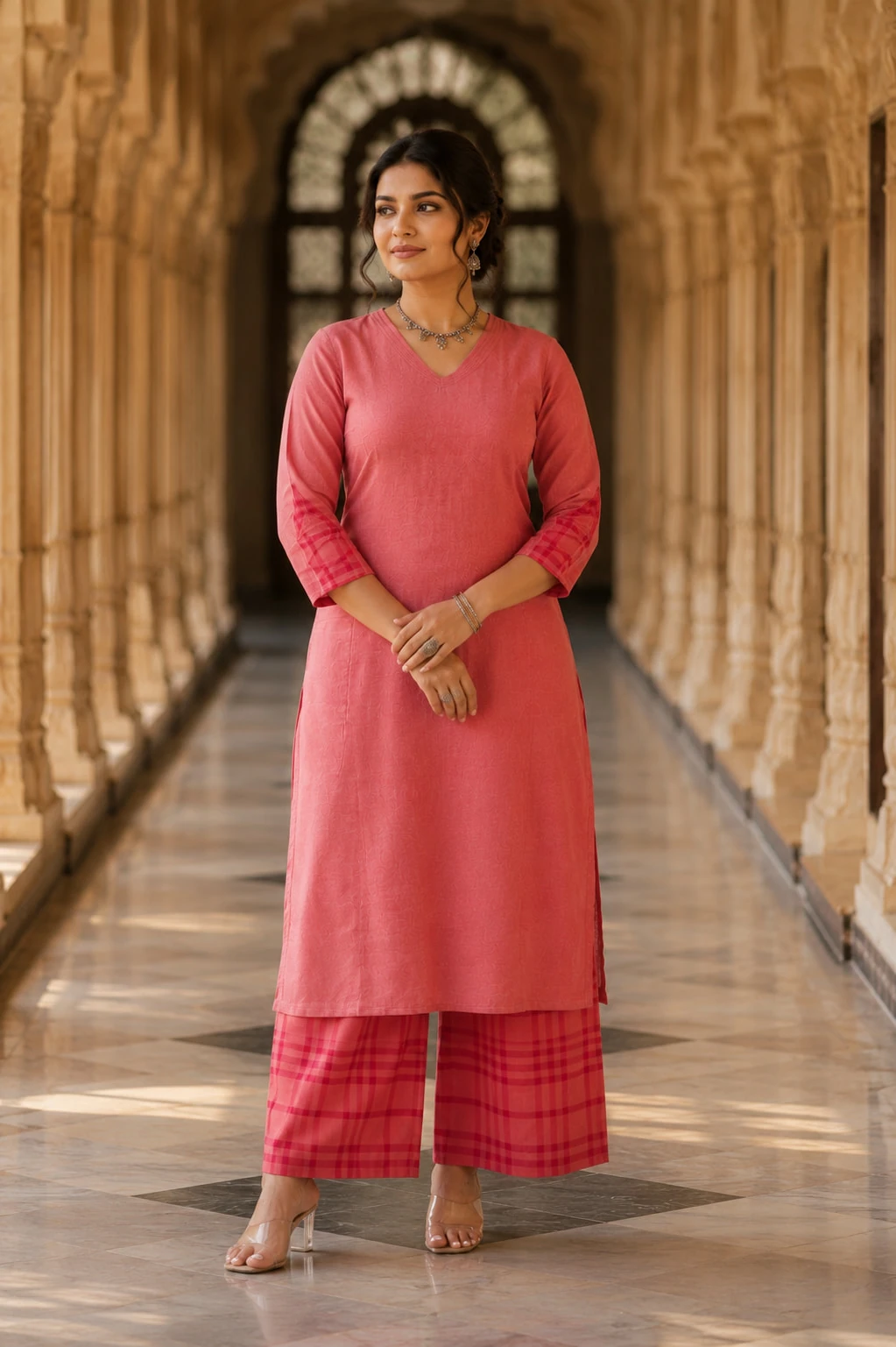 Coral Pink Pure Linen Kurta Palazzo Set — view 8