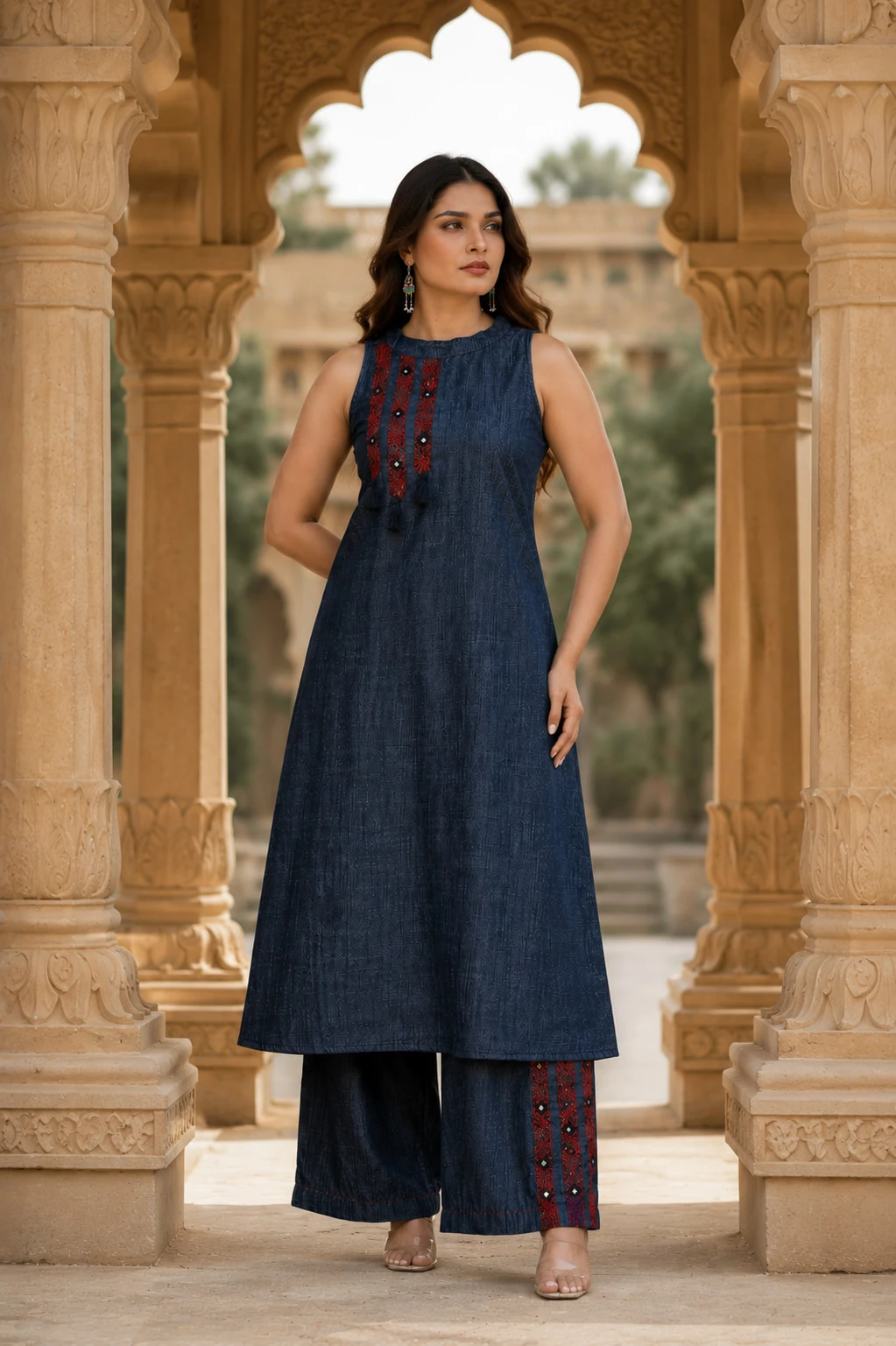 Navy Blue Denim Embroidered Kurta Palazzo Set