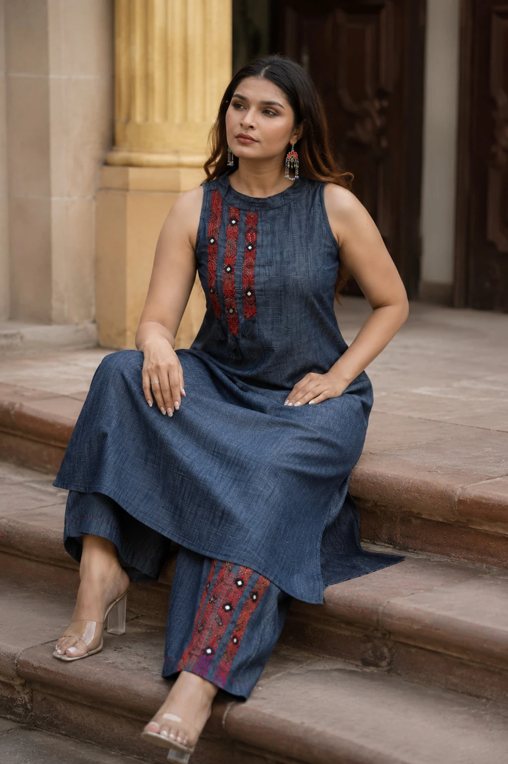 Navy Blue Denim Embroidered Kurta Palazzo Set — view 2