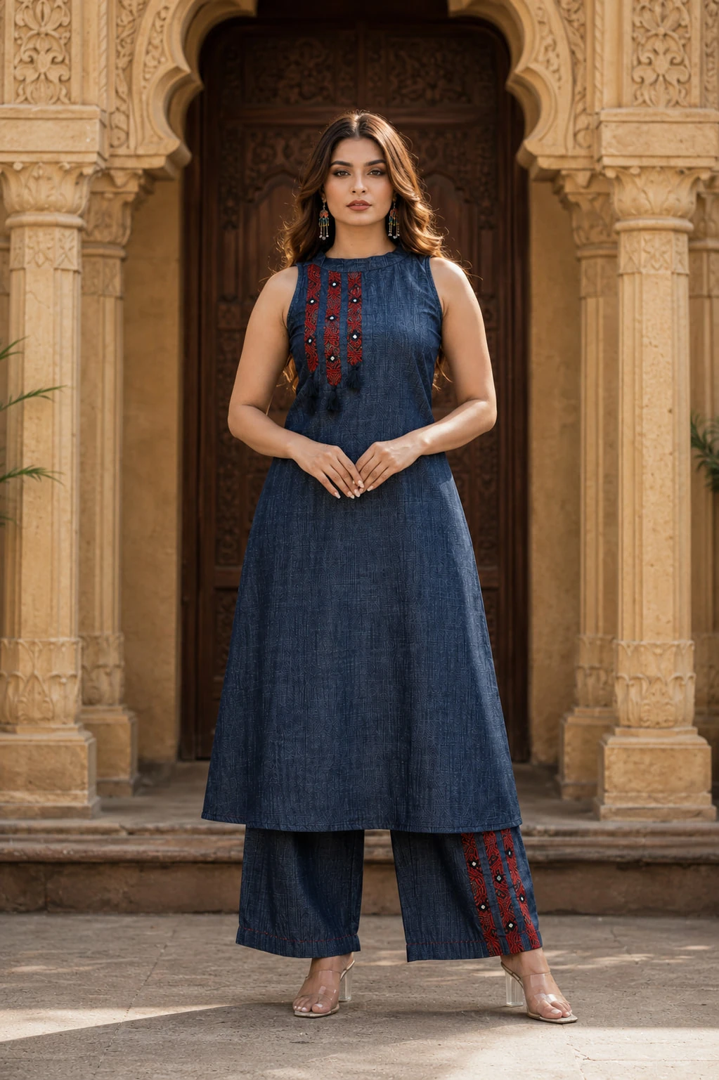 Navy Blue Denim Embroidered Kurta Palazzo Set — view 3