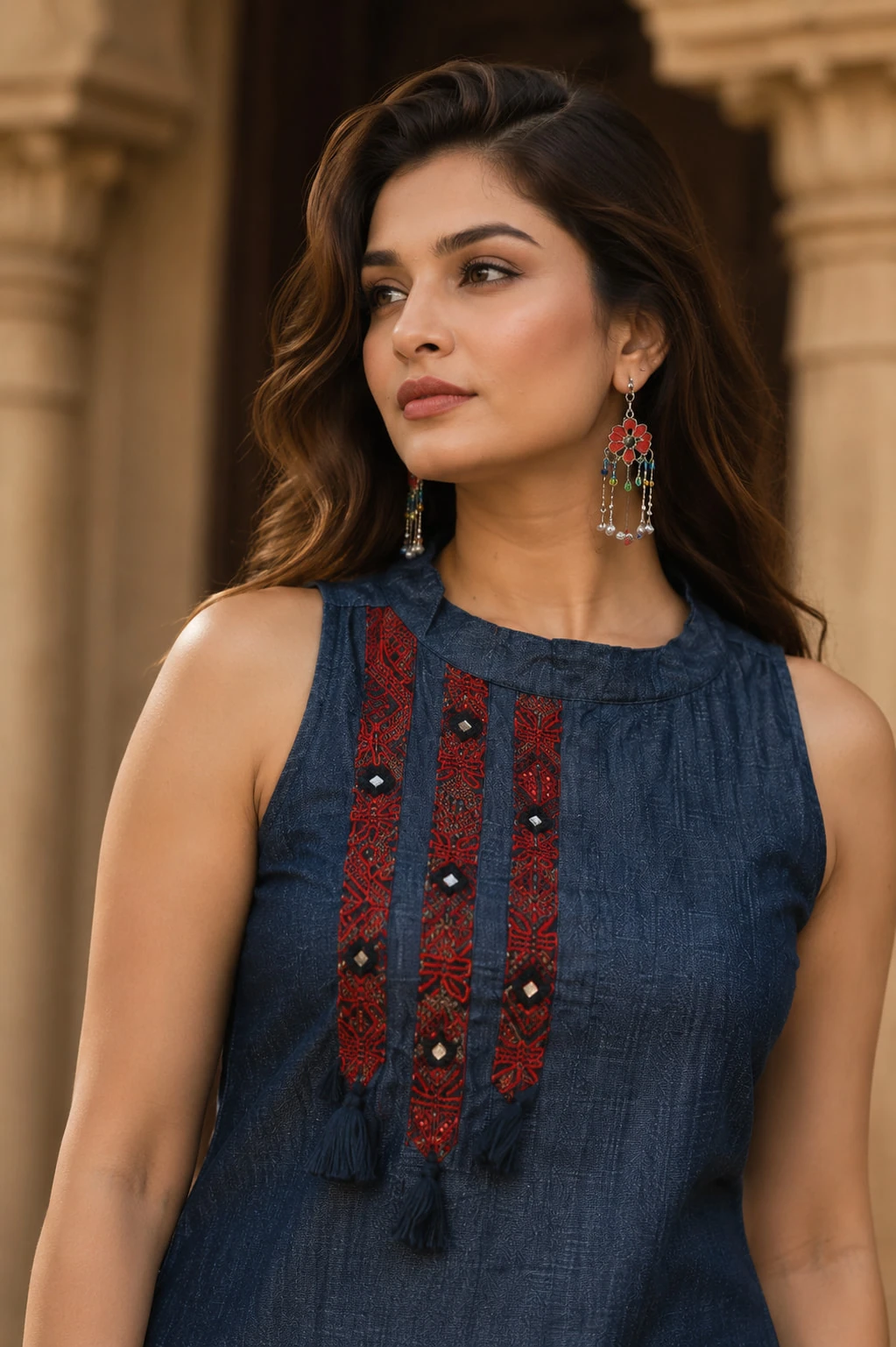 Navy Blue Denim Embroidered Kurta Palazzo Set — view 4