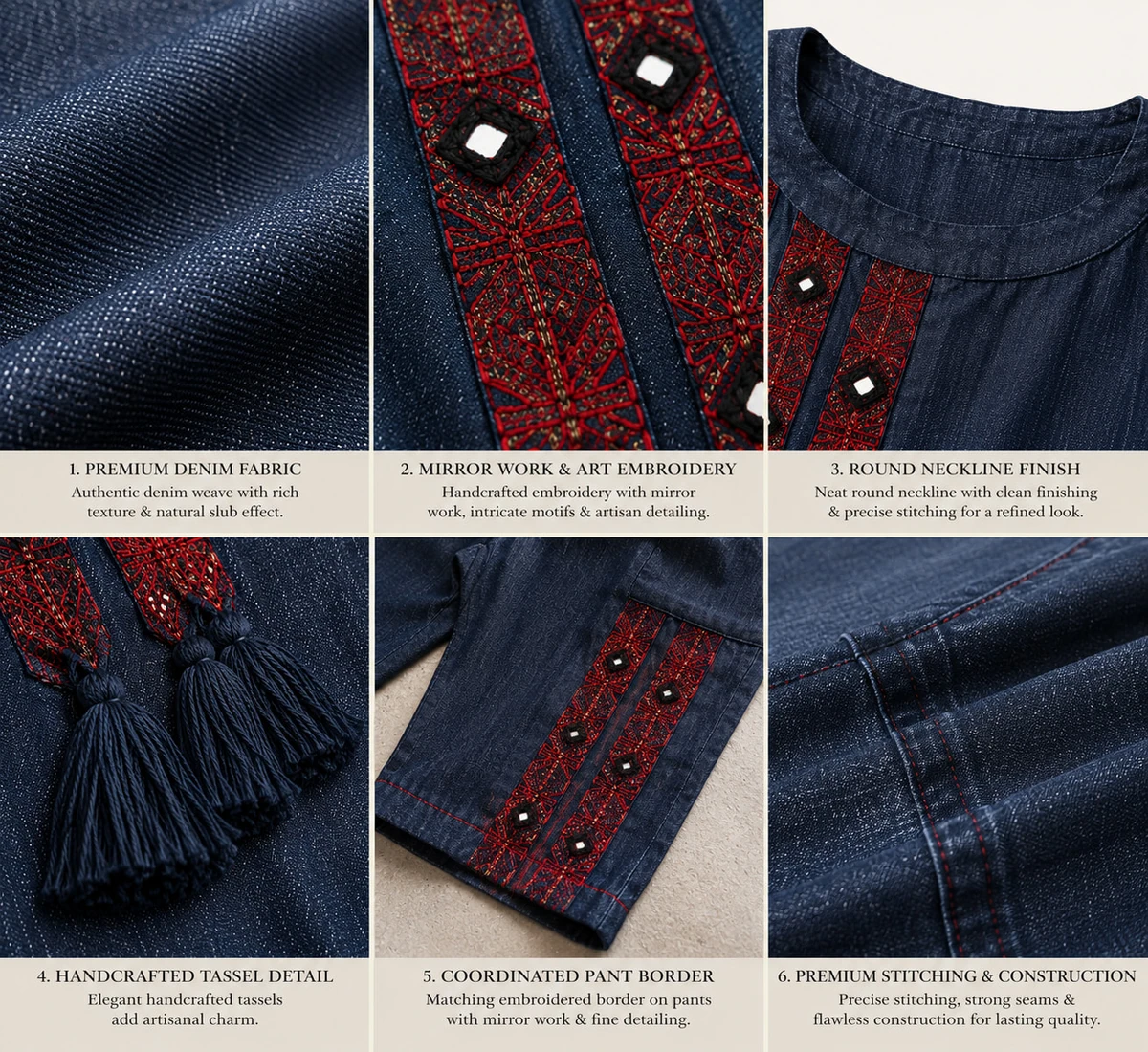 Navy Blue Denim Embroidered Kurta Palazzo Set — view 5