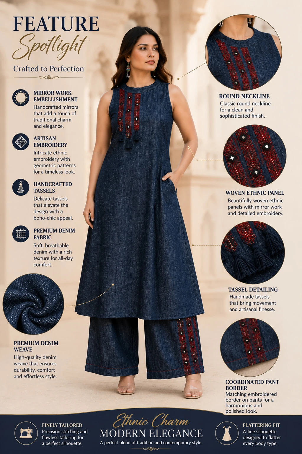Navy Blue Denim Embroidered Kurta Palazzo Set — view 7
