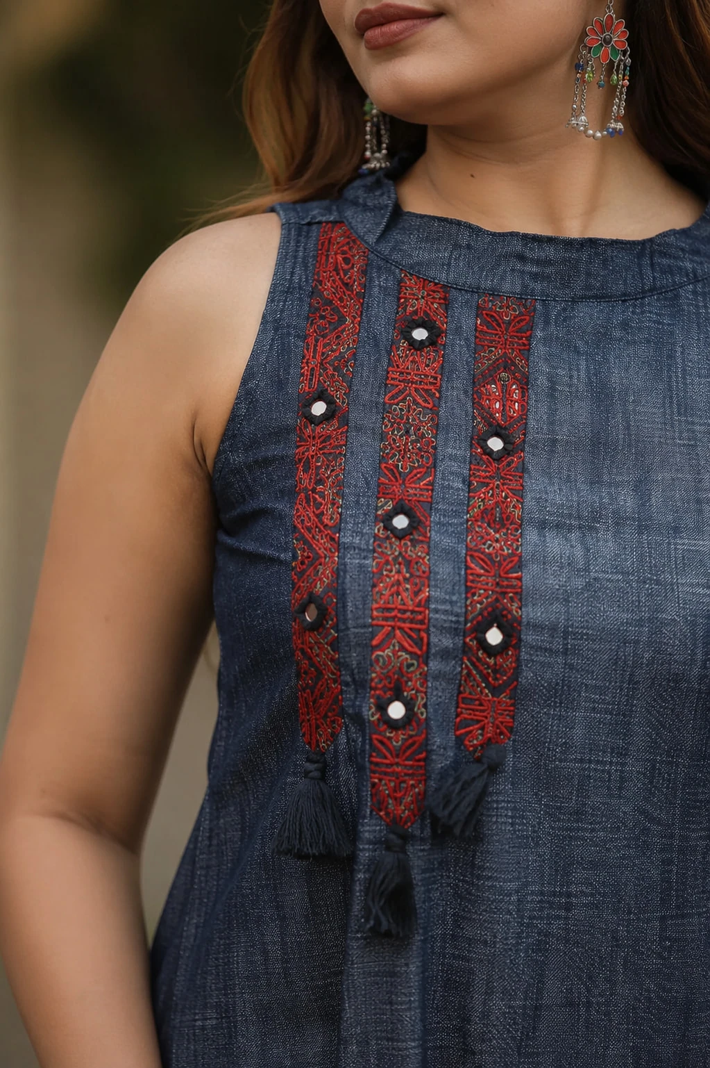 Navy Blue Denim Embroidered Kurta Palazzo Set — view 8