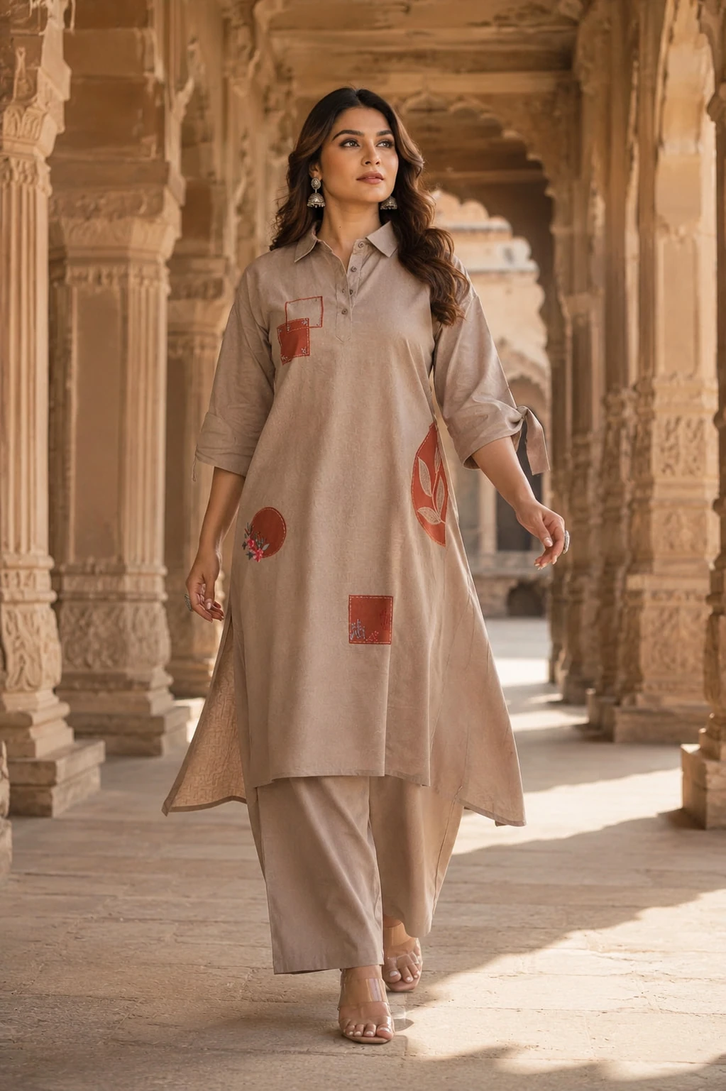 Beige Pure Linen Patchwork Kurta Palazzo Set
