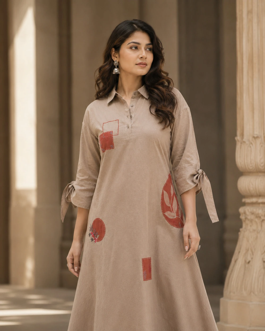 Beige Pure Linen Patchwork Kurta Palazzo Set — view 2