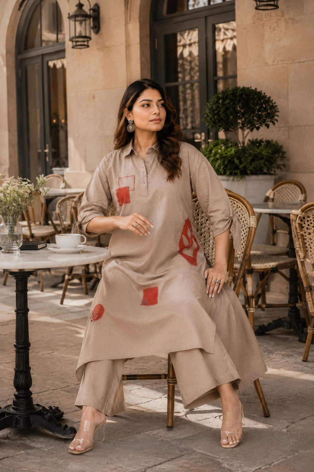 Beige Pure Linen Patchwork Kurta Palazzo Set — view 3
